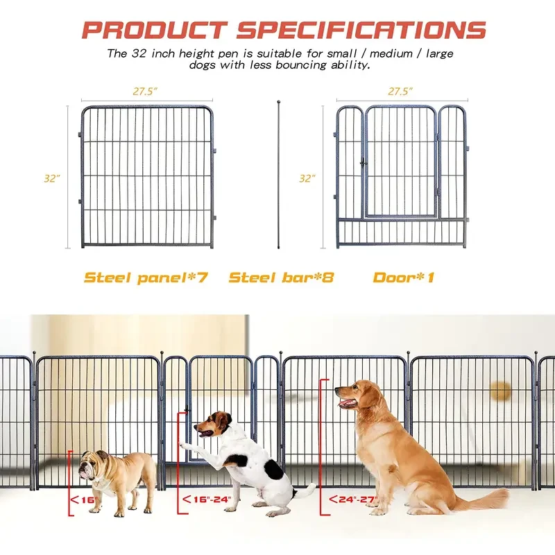 8-Piece Silver Hammered Metal Dog Playpen - Durable, Non-Slip, Weatherproof Yard Barrier with Automatic Lock
