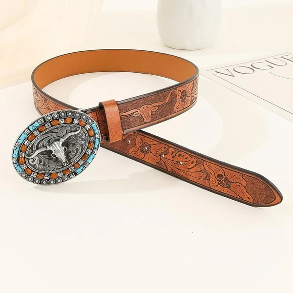Men's Vintage Embossed Western Cowhide Leather Belt