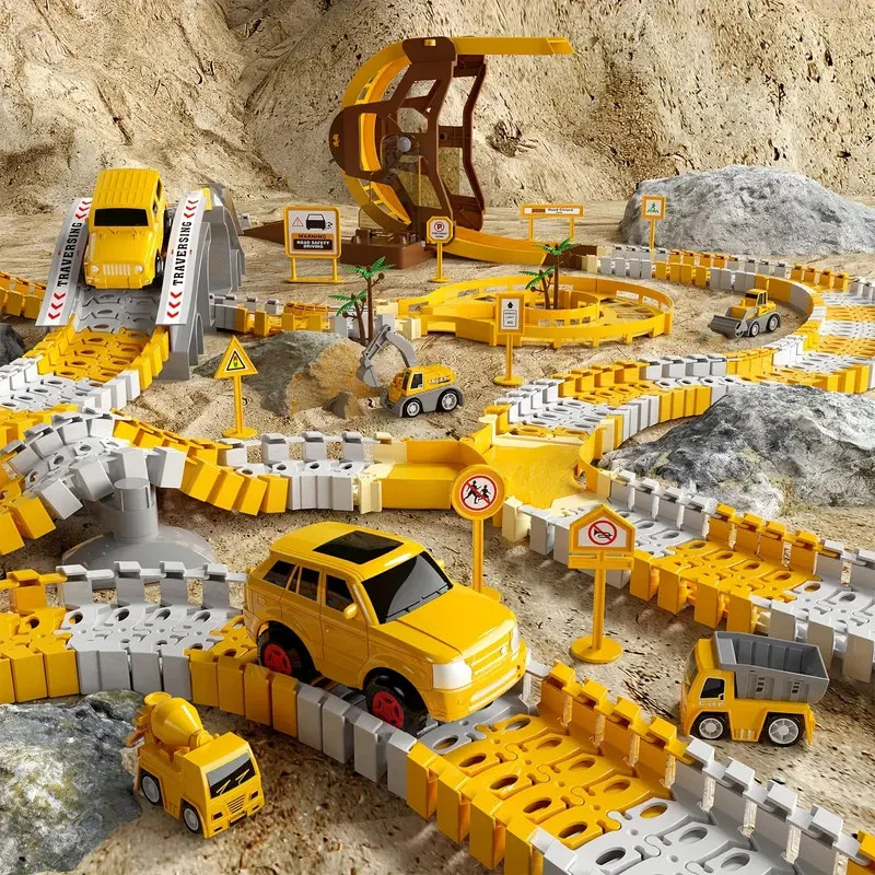 Kids Construction Toys 302 PCS Race Tracks Toy with Playmat - 5 PCS Truck Car and Flexible Track Play Set