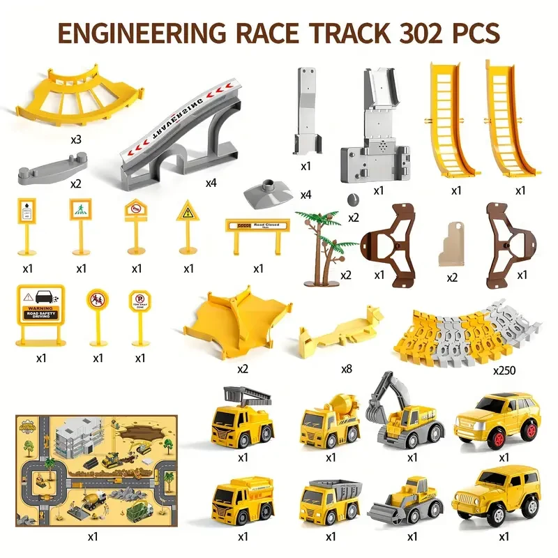 Kids Construction Toys 302 PCS Race Tracks Toy with Playmat - 5 PCS Truck Car and Flexible Track Play Set