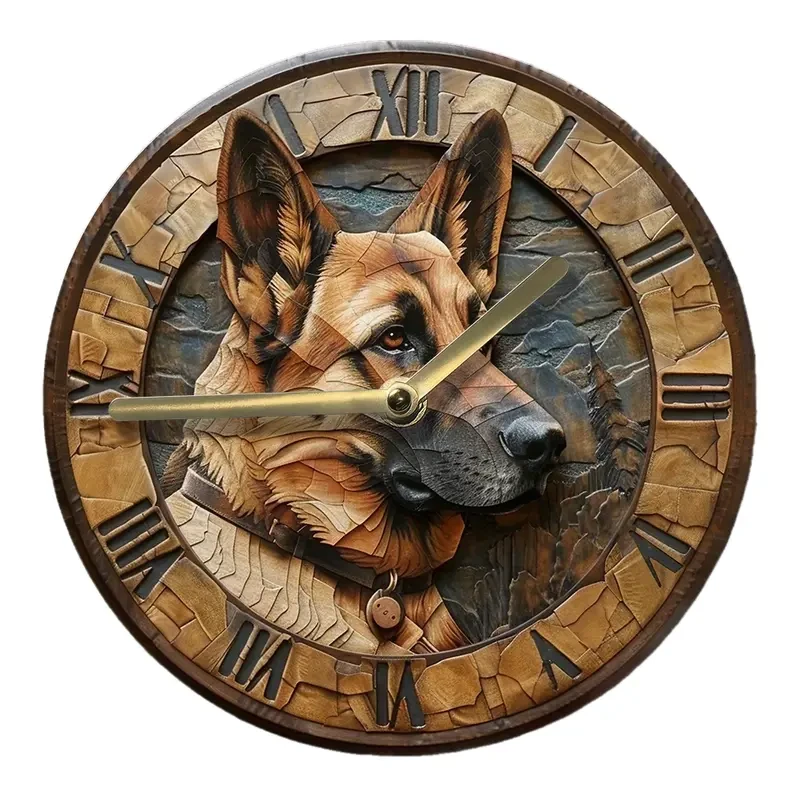 Silent 20.32x20.32cm Aluminum Wall Clock with German Shepherd Design
