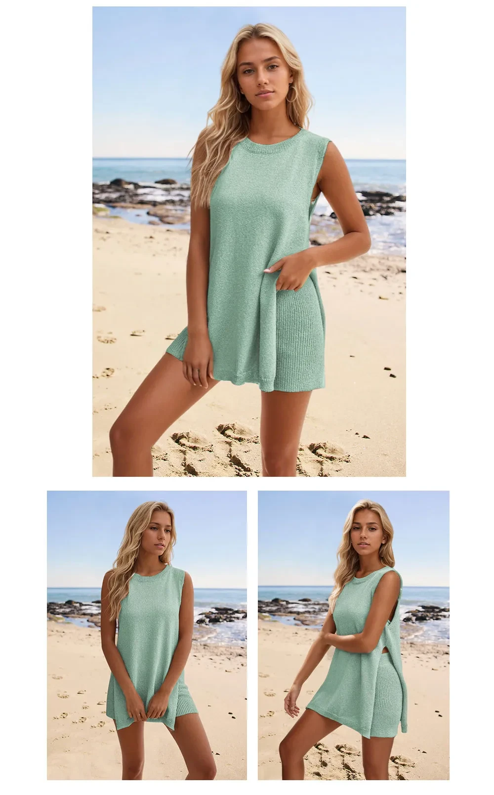 2pcs Women's Knitting Suit Summer Top And Shorts