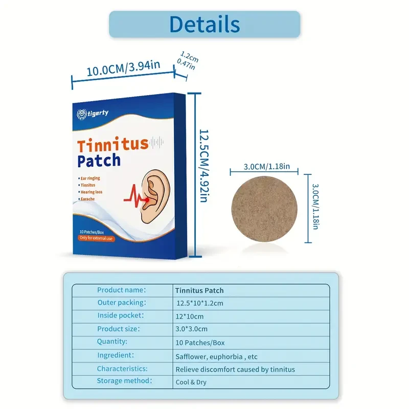 Tinnitus Relief Patches Homeopathic Natural Herb Ear Ringing Treatment, 10 Patches/Box