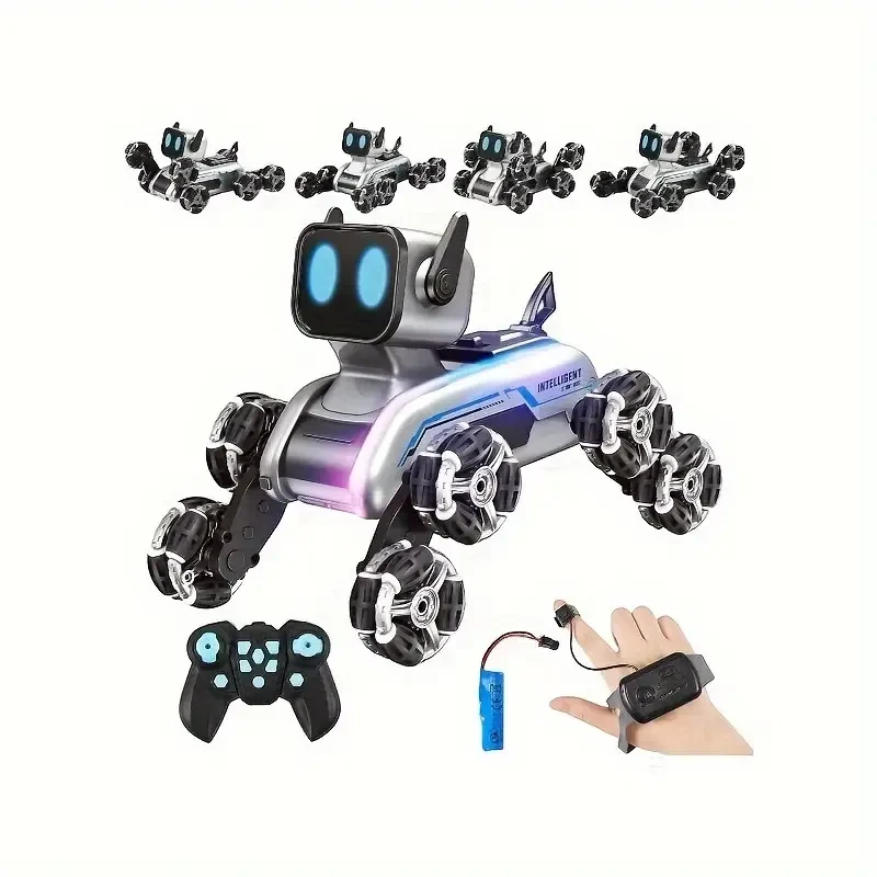8WD Remote Control Robot Dog with Gesture Control and LED Lights - All-Terrain Toy for Kids