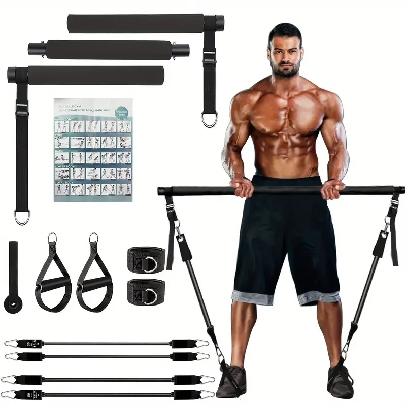 EVA Pilates Bar Kit with 4 Resistance Bands (30 & 22.68KG) - Adjustable & Portable Home Gym Equipment Set