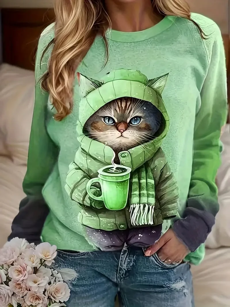 Plus Size Cat Print Sweatshirt