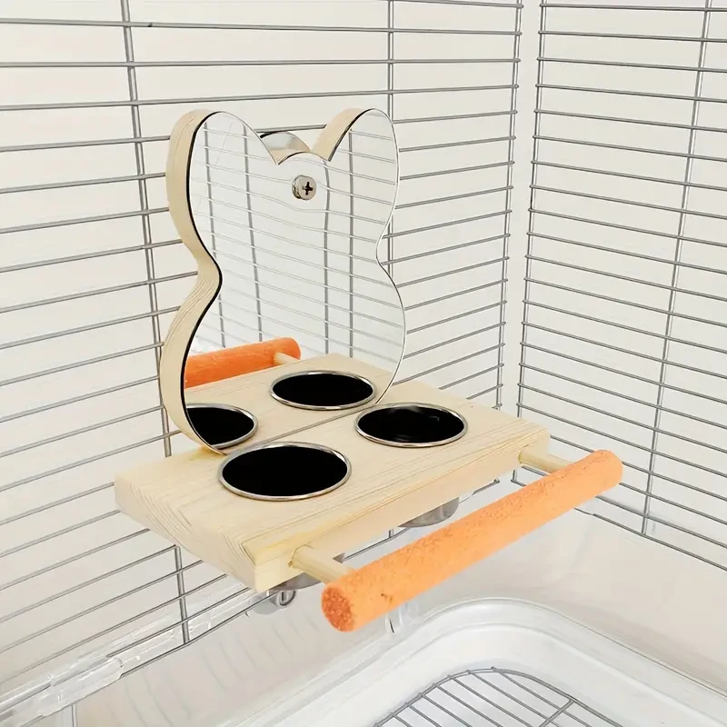 Bird Play Toy with Perch Stand & Mirror - Stainless Steel Feed Cups for Parrots