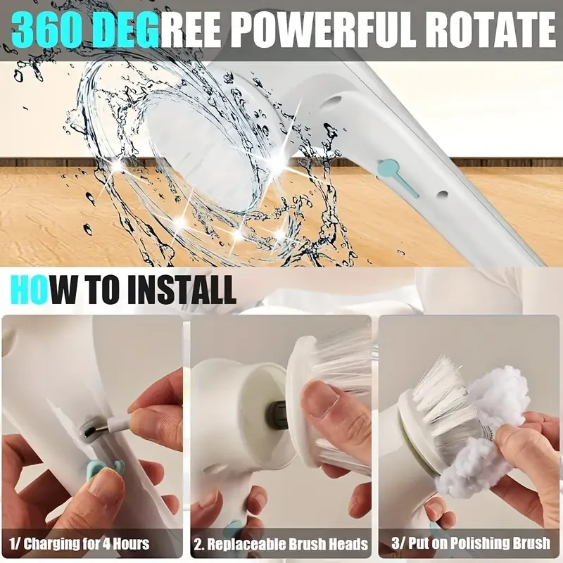 Electric Scrubber With 5 Replaceable Brush Heads,