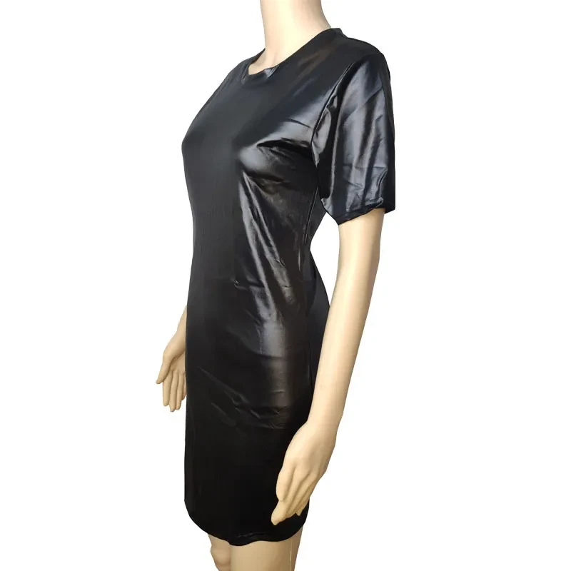 Faux Leather Long Sleeve Round Neck Knee Sheath Tight Dress