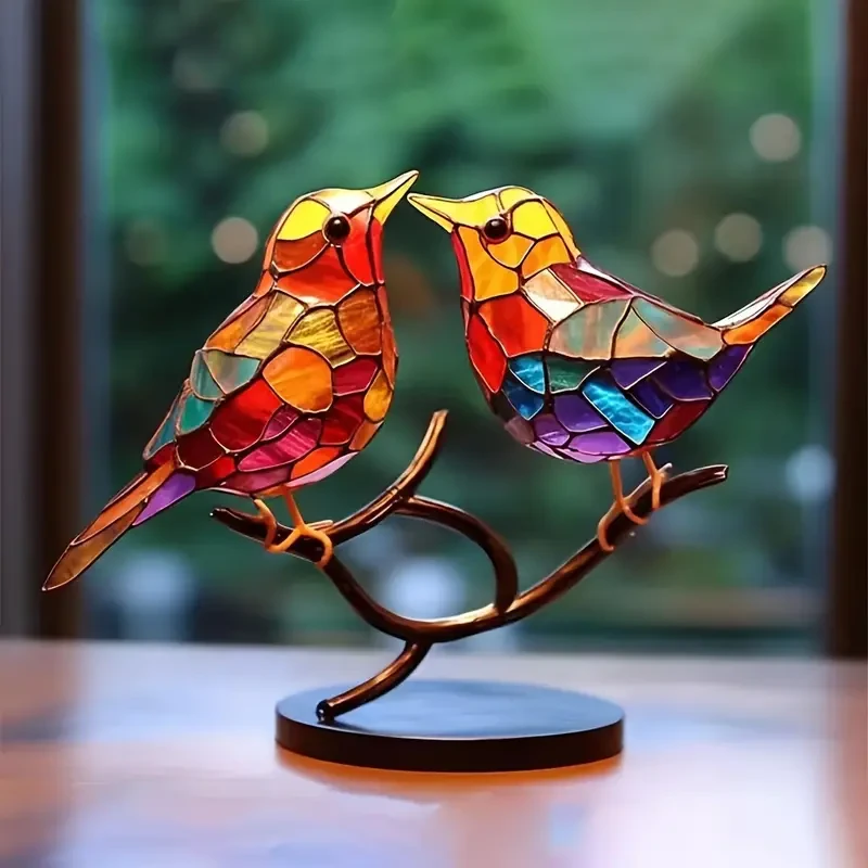 Metal Colorful Bird Tree Branch Ornament - Lifelike Hummingbird Sculpture for Desktop or Bedroom