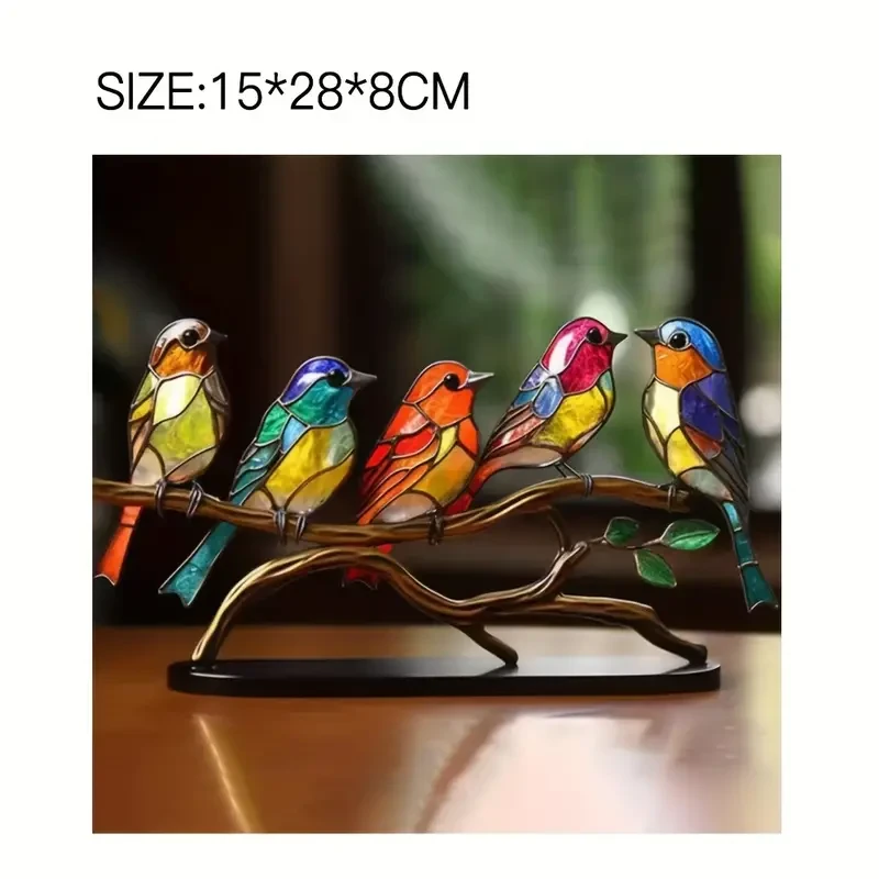 Metal Colorful Bird Tree Branch Ornament - Lifelike Hummingbird Sculpture for Desktop or Bedroom