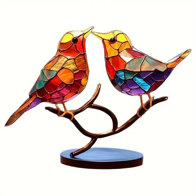 Metal Colorful Bird Tree Branch Ornament - Lifelike Hummingbird Sculpture for Desktop or Bedroom