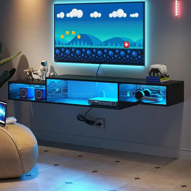 Floating TV Stand Wall Mounted with Power Outlet - 59'' Entertainment Shelf with LED Lights