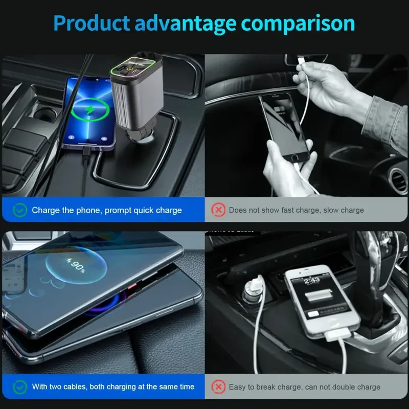 W&O 4-in-1 Retractable Car Charger High-Power Adapter with USB & Type-C Ports