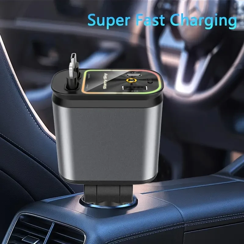 W&O 4-in-1 Retractable Car Charger High-Power Adapter with USB & Type-C Ports
