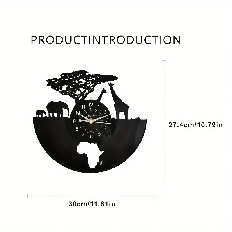Unique Arched Vinyl Record Wall Clock - Silent, Battery-Powered African Wildlife Design