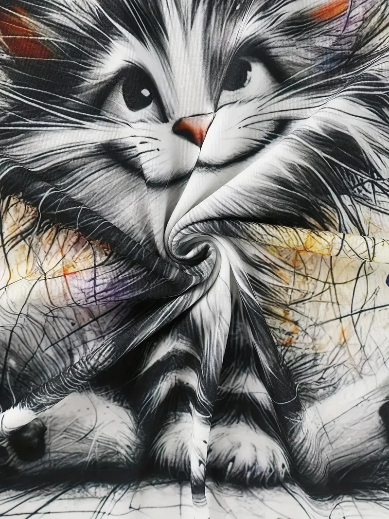 Fuzzy Whimsical Cat Graphic Crew Neck T-Shirt