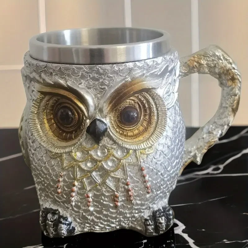 Hand-carved Owl Stainless Steel Resin Mug Coffee Mug