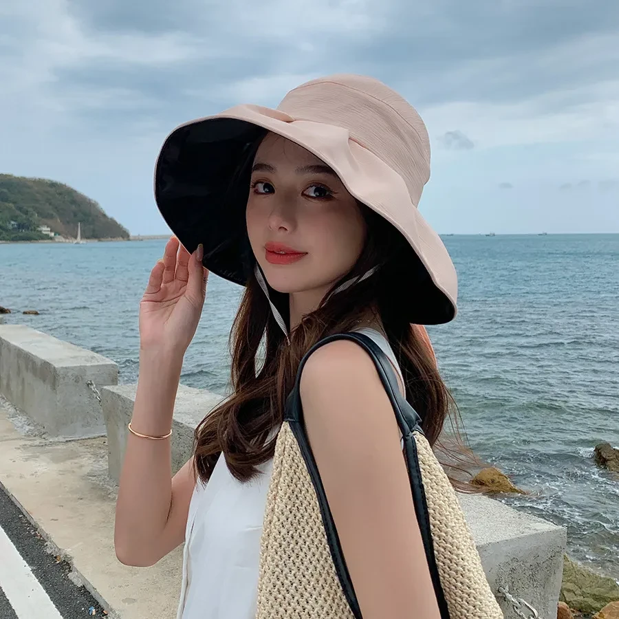 Bucket Hat Vinyl Sun Protective Wide Brim Hat Solid Color Wrinkle Bow Hat