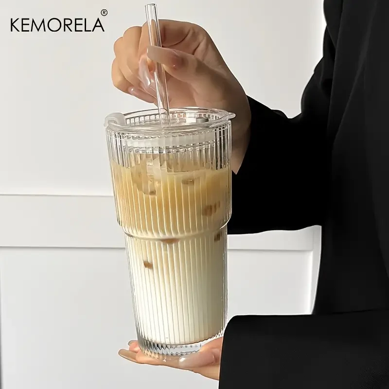 EMORELA Striped Glass Cup with Lid -