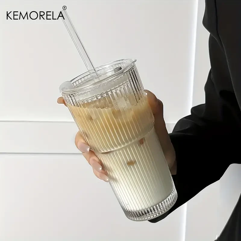 EMORELA Striped Glass Cup with Lid -