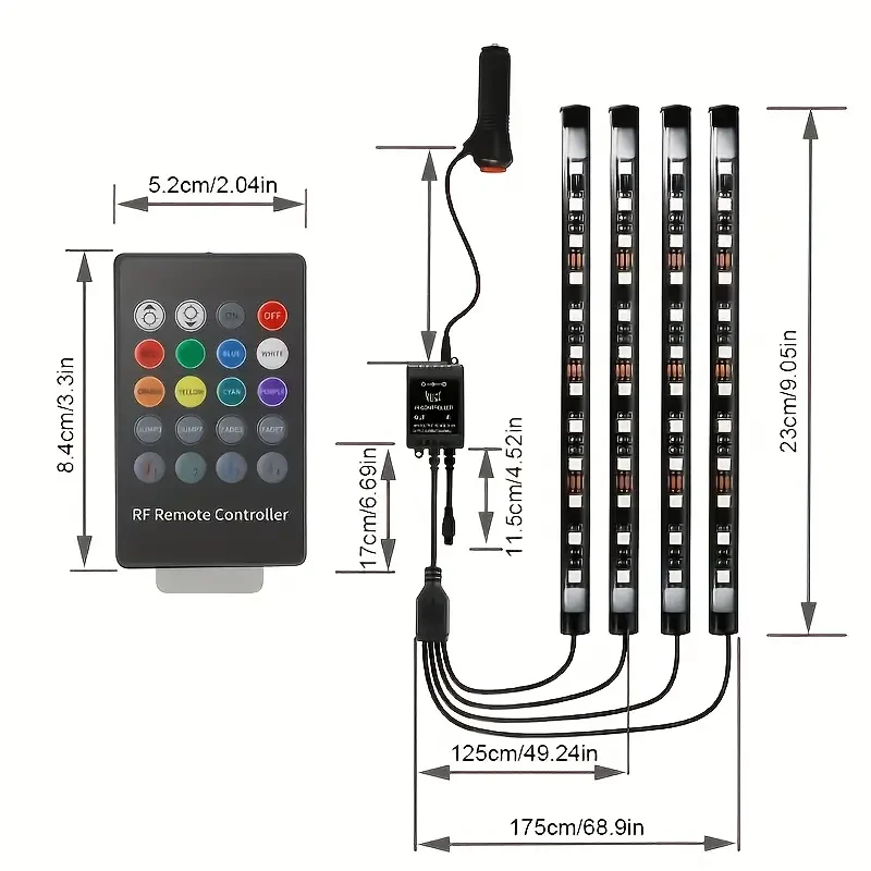 4PCS 48-LED Music Car Strip Light Kit  Sound Active & Wireless Remote
