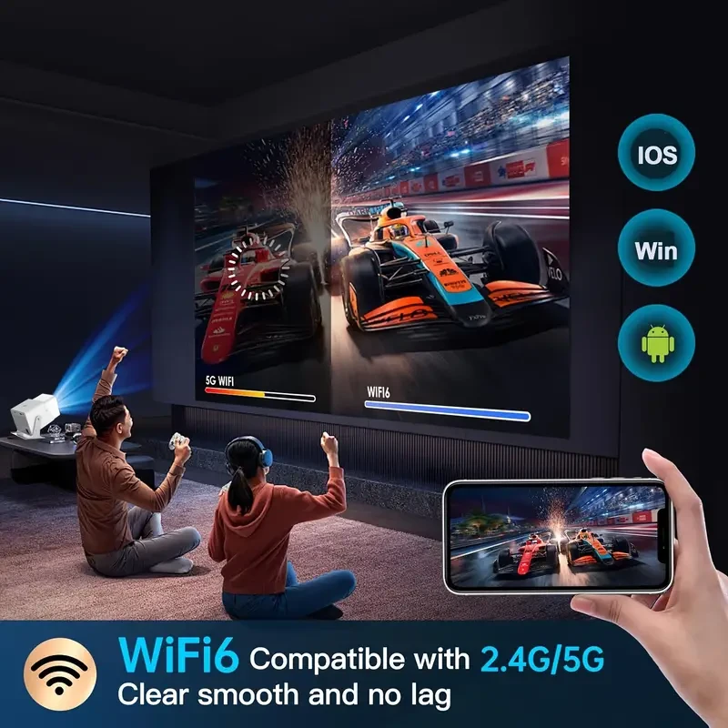 New Indoor/Outdoor 4K Projector, Built-in Android 11.0, WIFI6, BT Wireless5.2, Same-screen Version, Supports 1080P HD Decoding Video, Wired Same-screen Mobile Phone, Portable Home Theater, 180 Degree Rotation, Compatible With HD/AV/smartphone/laptop
