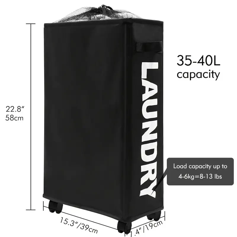 Narrow Slim Laundry Basket  Collapsible Hamper with Wheels & Handle
