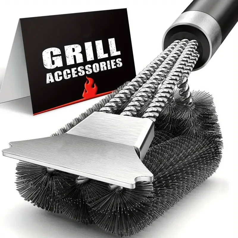 TFS 3-in-1 BBQ Grill Brush and Scraper - Stainless Steel, Triple-Layer Wire Bristles for Efficient Cleaning - Essential Outdoor Cooking Accessory
