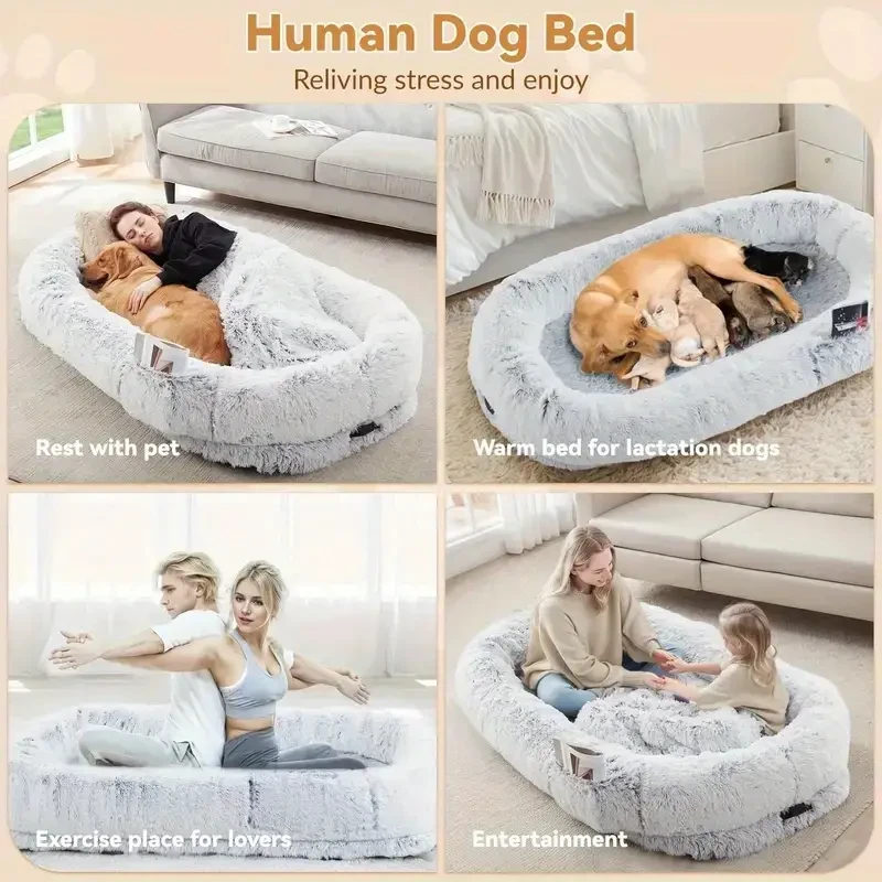 Human Dog Bed - Washable Faux Fur Orthopedic Bed for People and Pets with Plump Pillow and Blanket