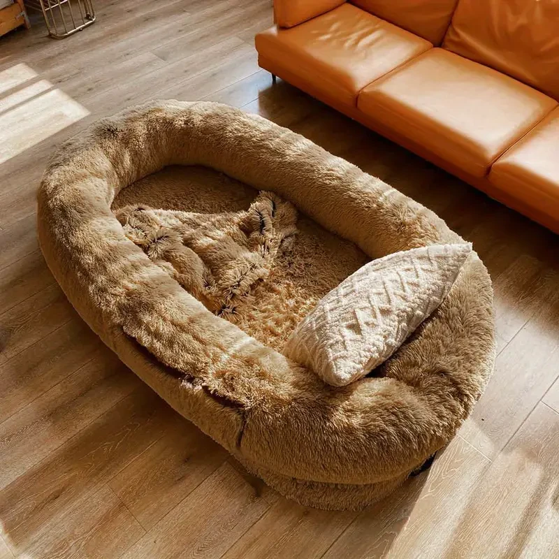 Human Dog Bed - Washable Faux Fur Orthopedic Bed for People and Pets with Plump Pillow and Blanket