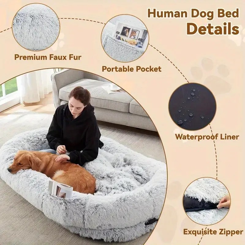 Human Dog Bed - Washable Faux Fur Orthopedic Bed for People and Pets with Plump Pillow and Blanket