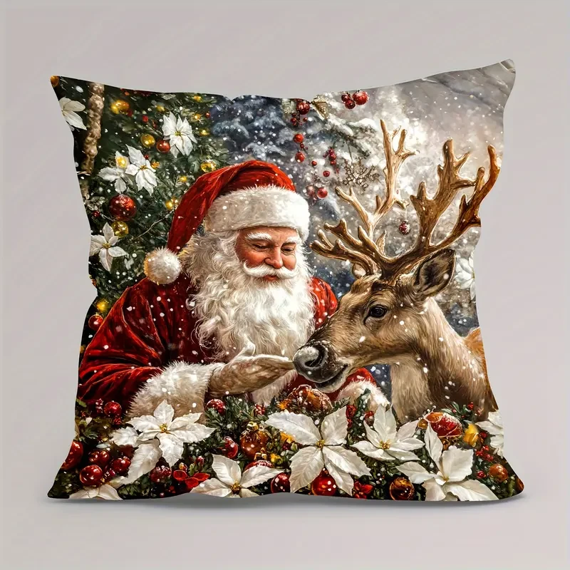 Christmas Santa and Reindeer Pattern Soft Velvet Throw Pillow Cover 44.96x44.96 cm, Zipper Closure Decorative Cushion Case for Living Room - Machine Washable, Modern Style Single-Side Print, Polyester - 1pc