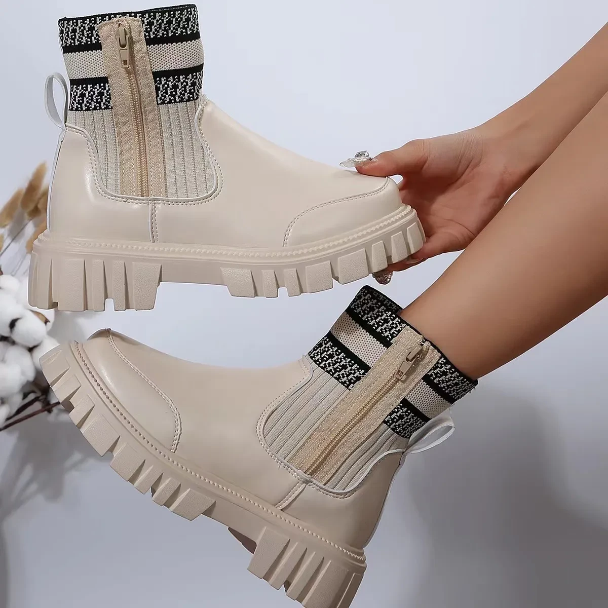 Mid-tube Boots With Zipper Design Non-slip Thick Sole Elastic Knitted Patchwork Boots For Women Round Toe Shoes