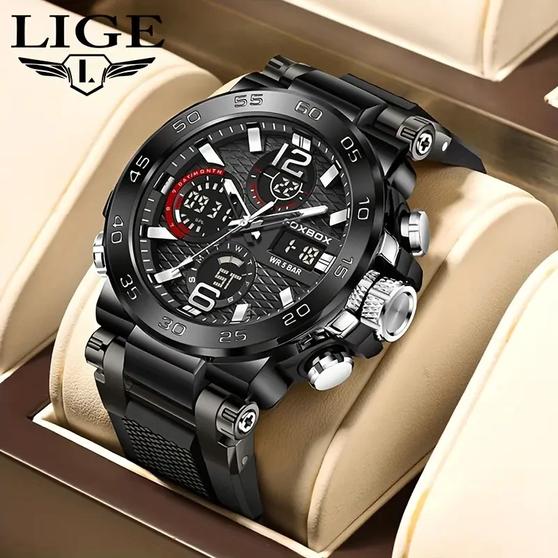 LIGE Men's 50M Waterproof Dual Display Watch - Quartz Military Sports Watch with Alarm Clock
