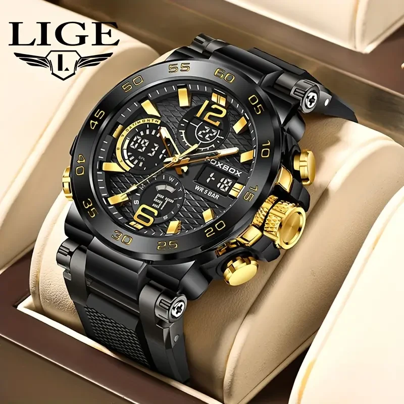 LIGE Men's 50M Waterproof Dual Display Watch - Quartz Military Sports Watch with Alarm Clock