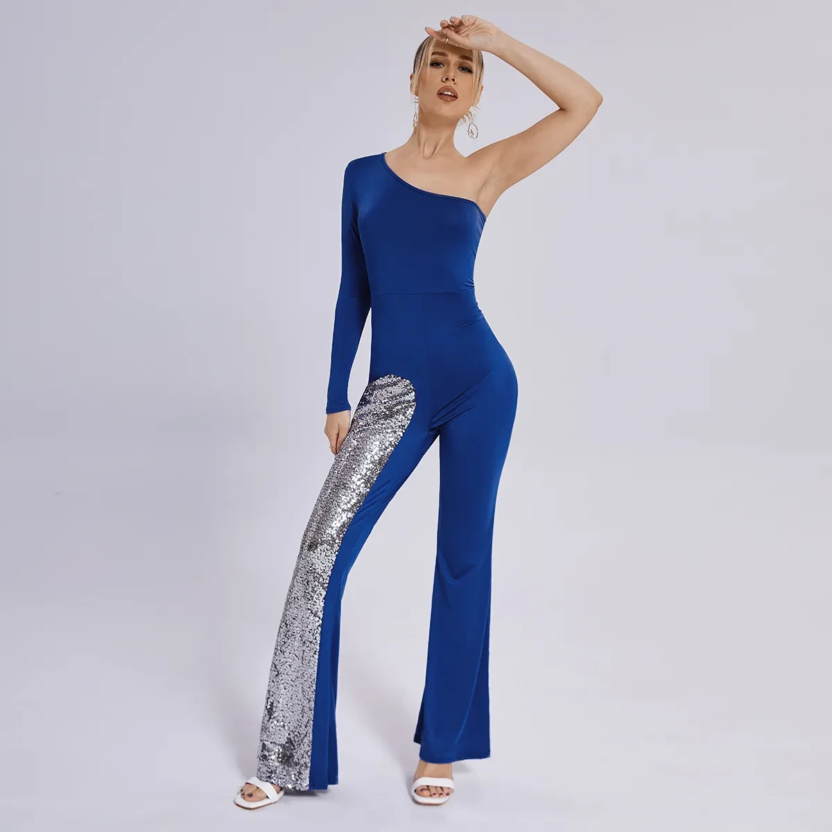 Leg Jumpsuit Mesh One Sleeve Flared