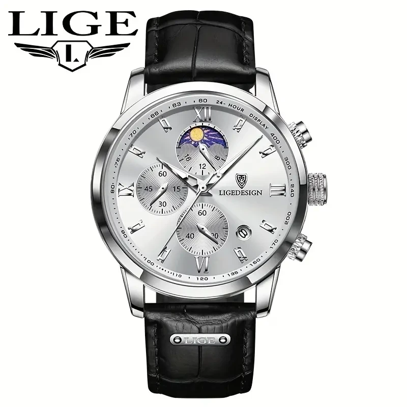LIGE Men's Watch with Leather Strap - Outdoor Sports Waterproof Chronograph with Luminous Calendar