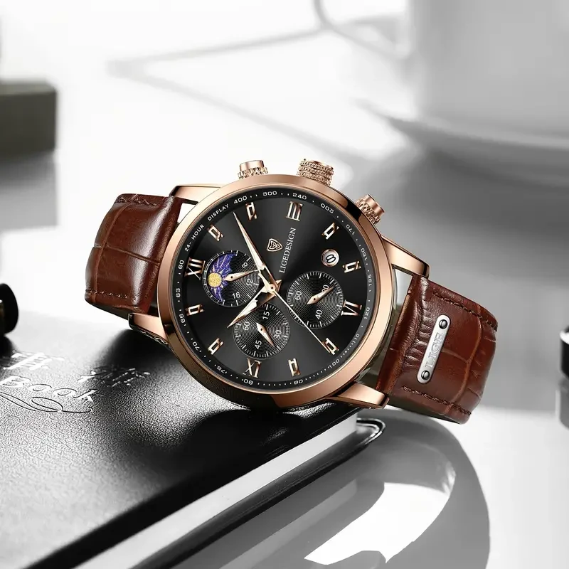 LIGE Men's Watch with Leather Strap - Outdoor Sports Waterproof Chronograph with Luminous Calendar