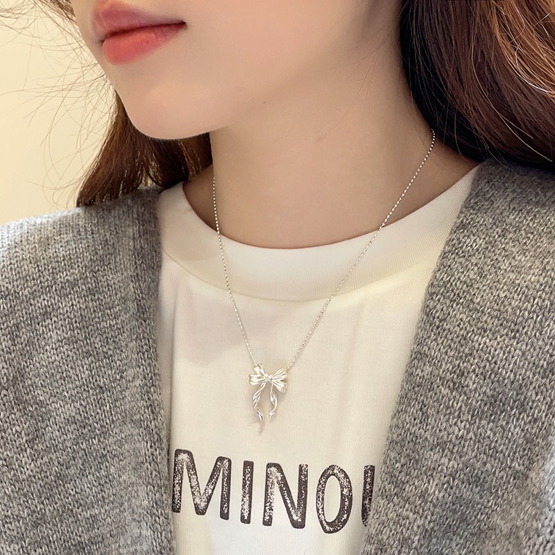 New S925 Sterling Silver Elegant Bow Pendant Necklace