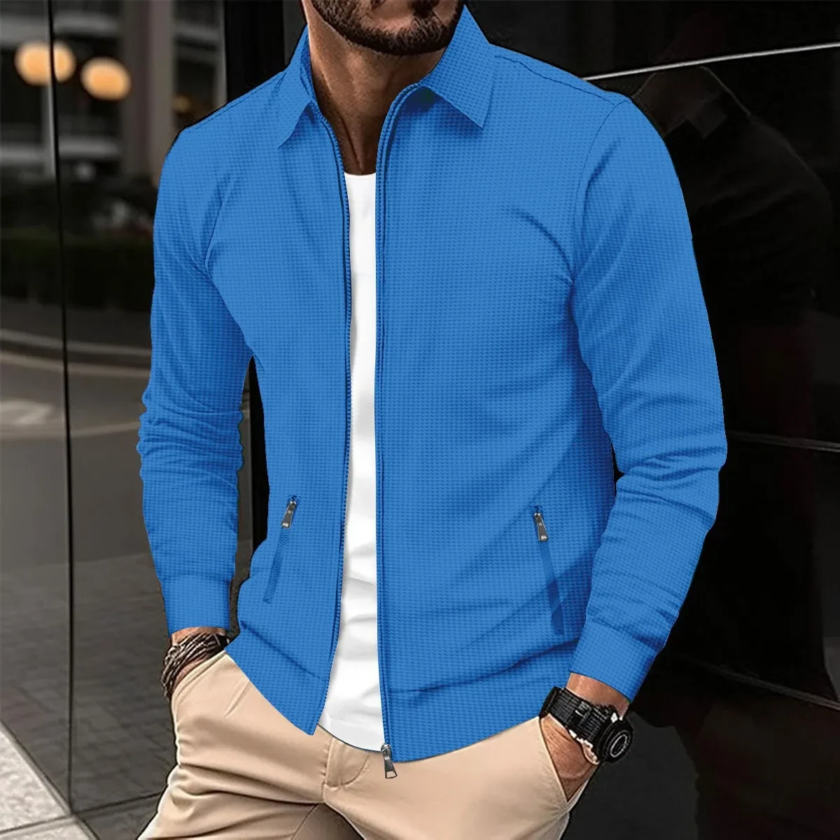 Men's Slim-Fit Waffle Zipper Pocket Cardigan Jacket Men's Slim-Fit Waffle Zipper Pocket Cardigan Jacket
