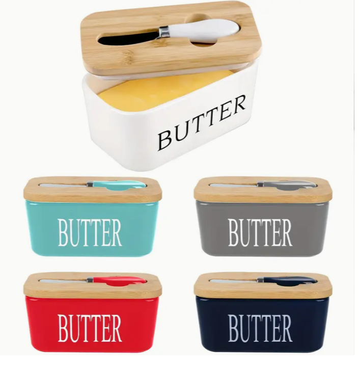 Large Ceramic Butter Dish with Bamboo Lid and Knife