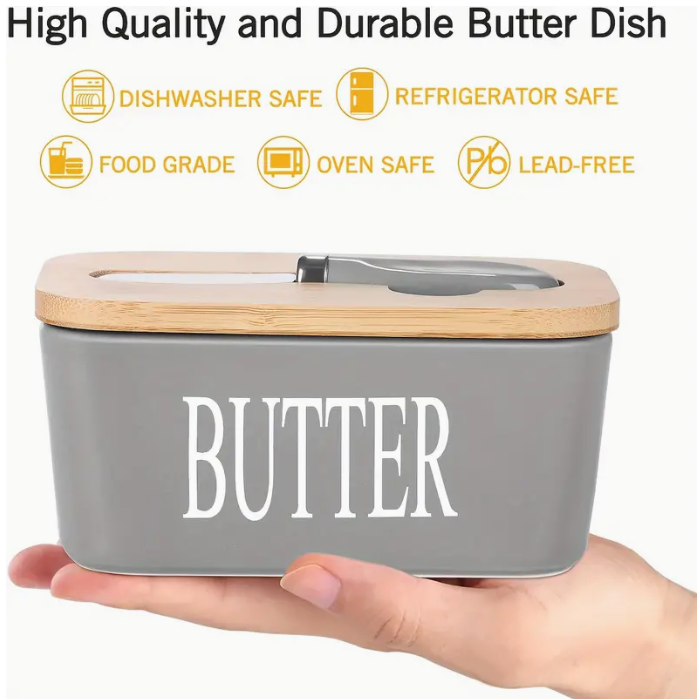 Large Ceramic Butter Dish with Bamboo Lid and Knife