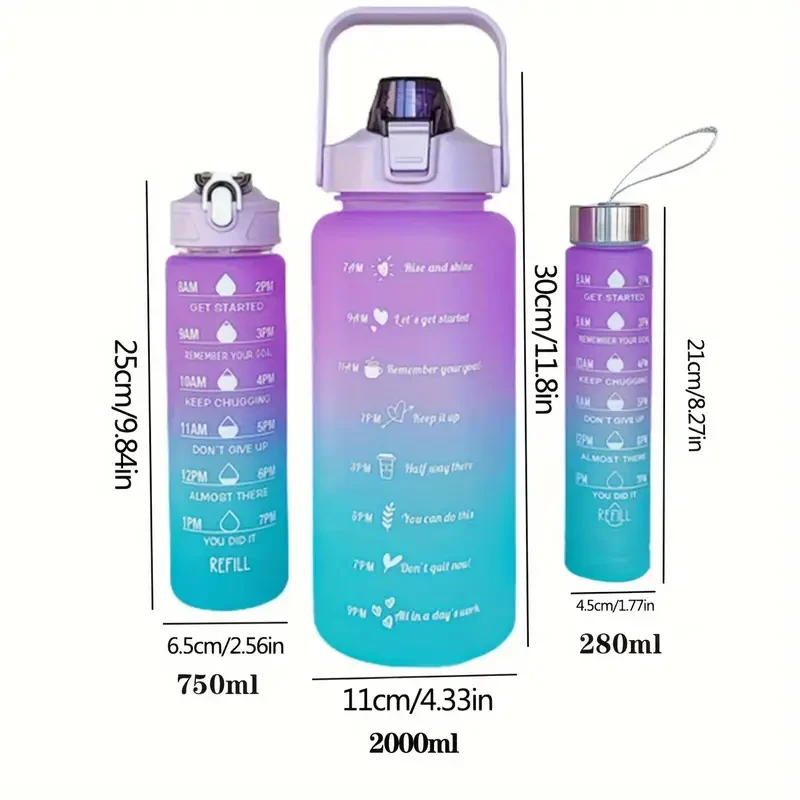 Motivational Water Bottles Set - 64oz/21oz/8oz Leak Proof, BPA Free with Time Marker