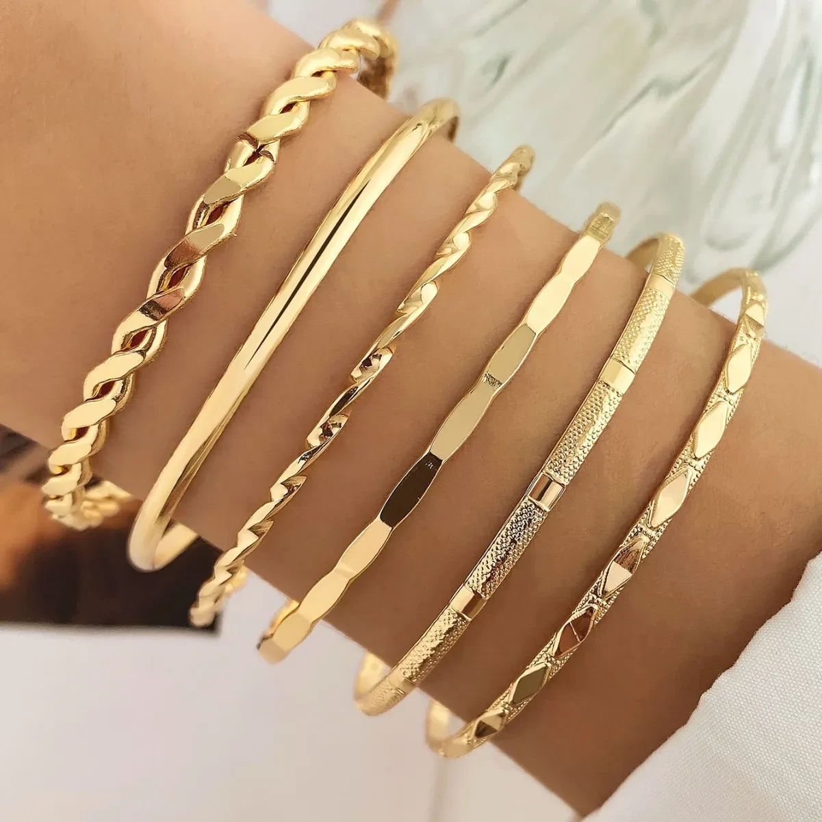 Bohemian Metal Chain Bracelet Set For Women Geometric Gold Color Thick Link Chain Bangle Female Fashion Jewelry