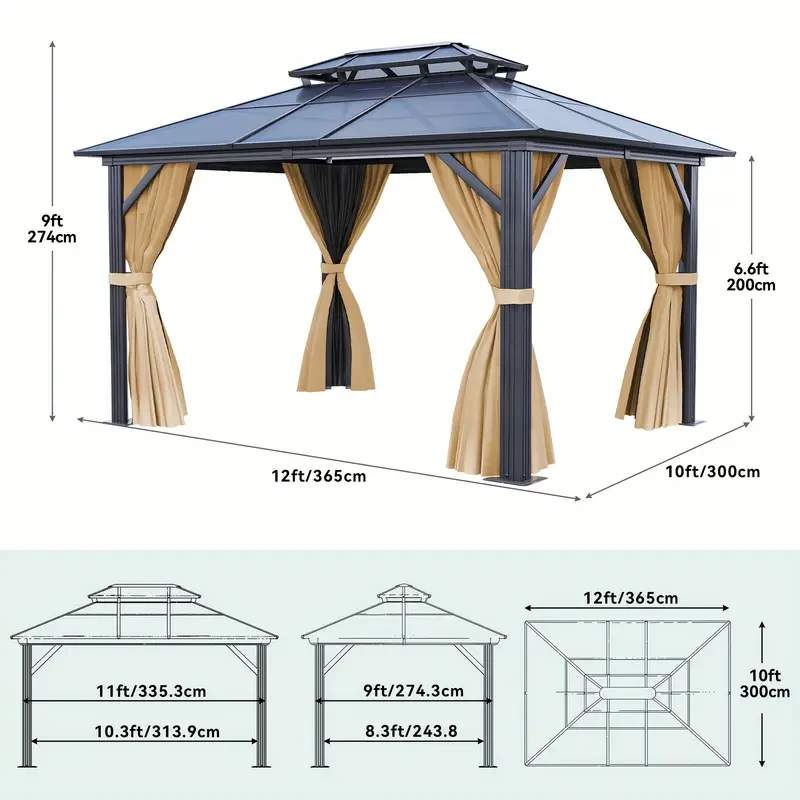 Balconera Gazebo - Polycarbonate Hardtop Double Roof Canopy with Netting and Shaded Curtains, Aluminum Frame (10x12ft, 12x12ft, 12x14ft, 12x16ft)