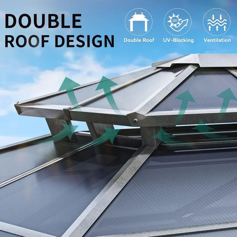 Balconera Gazebo - Polycarbonate Hardtop Double Roof Canopy with Netting and Shaded Curtains, Aluminum Frame (10x12ft, 12x12ft, 12x14ft, 12x16ft)