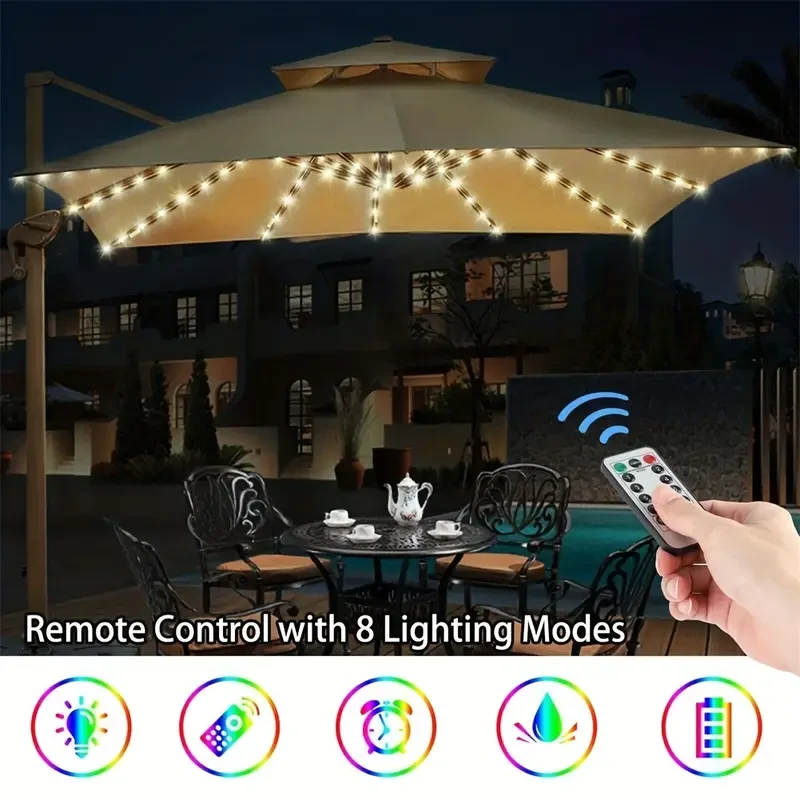 Patio Sunshade Umbrella Light - 8 Mode Solar Waterproof Light, Battery Box Powered