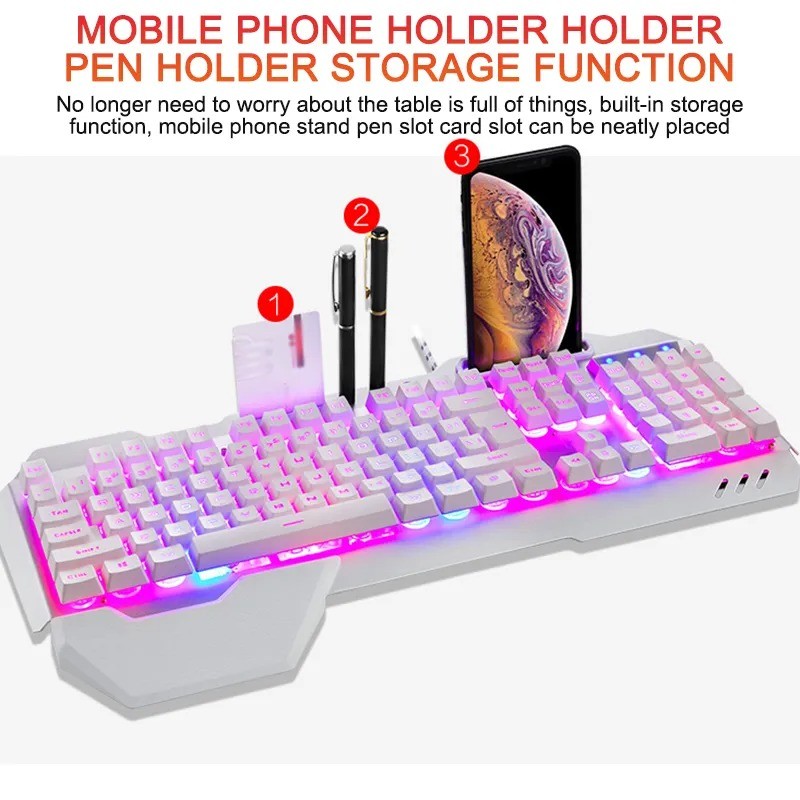 Ergonomic Wired Gaming Keyboard with RGB Backlight and Phone Holder