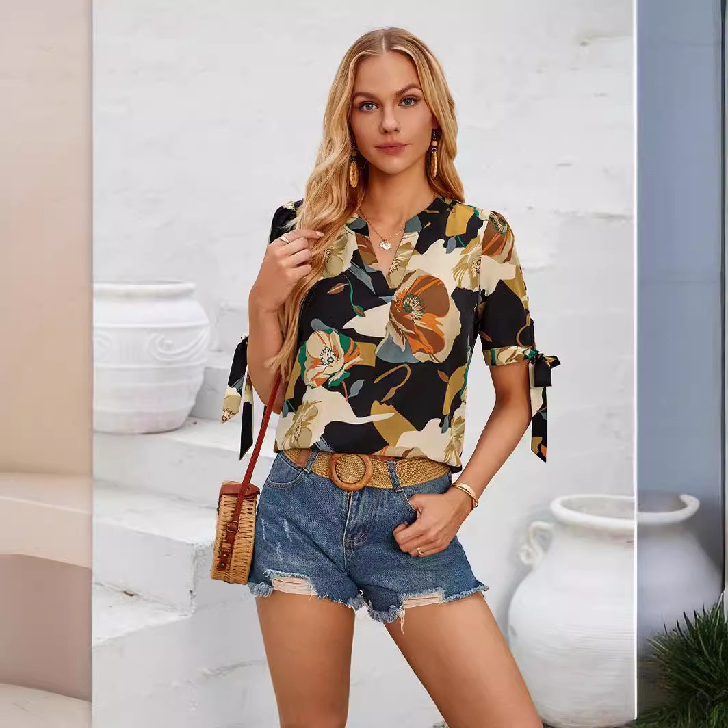 Fashion Printed Casual V-Neck Cuff Bundle Top